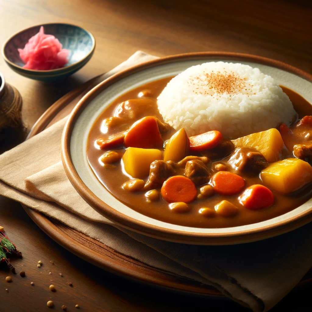 DALL·E 2024-03-28 20.47.19 - A beautifully plated dish of Japanese curry and curry rice, served on a traditional Japanese ceramic plate. The curry is rich and thick, filled with c